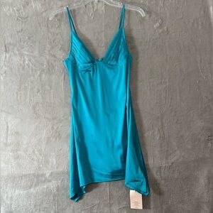 Teal Satin‎ Slip Dress Size Small Asymmetrical Hem Spaghetti Straps